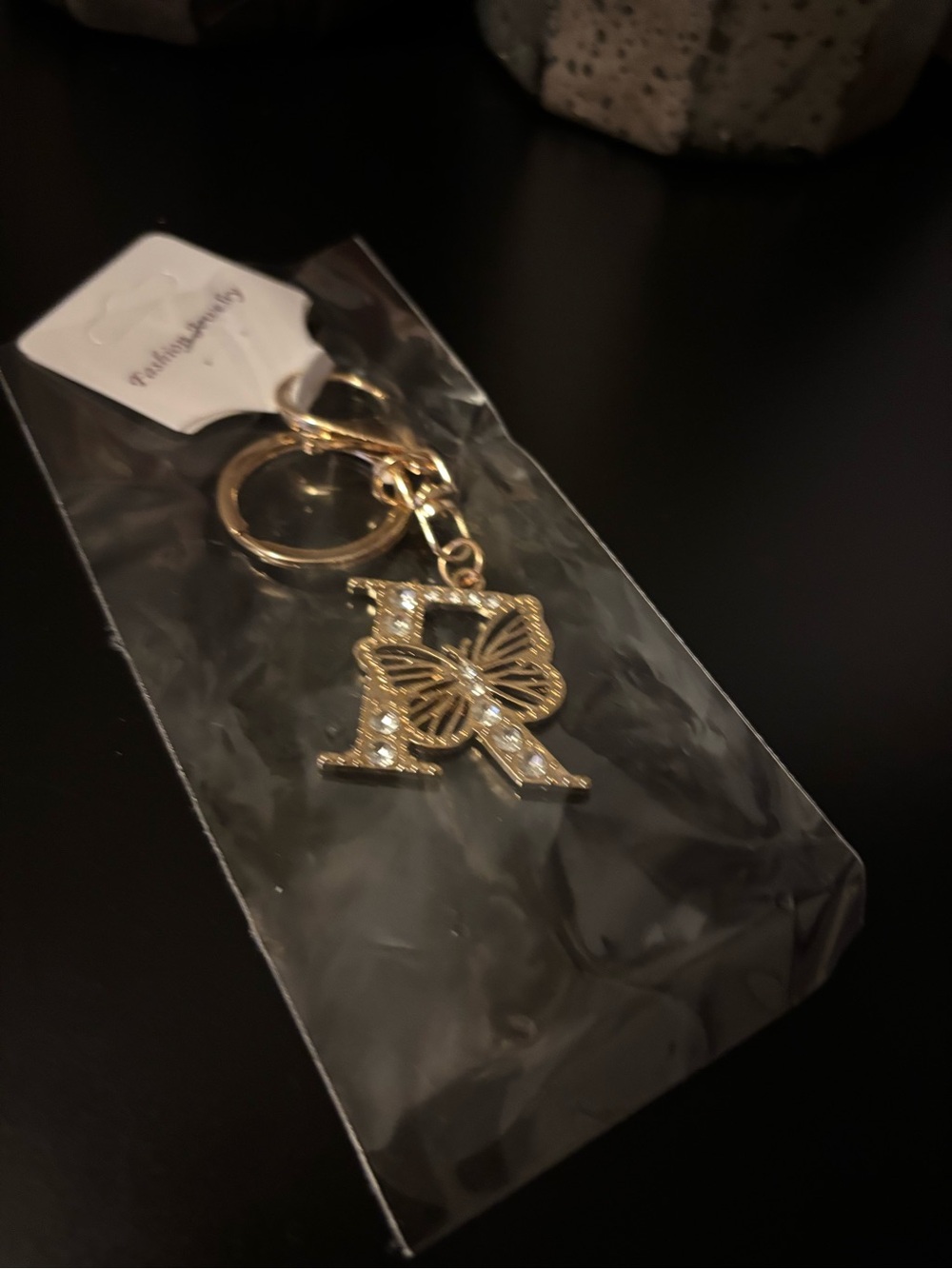 Gold Initial 'R' Keychain with Butterfly Charm
